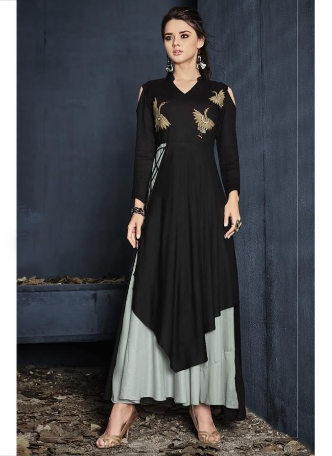 Rayon Black Festival Wear Embroidery Work Readymade Long Kurti